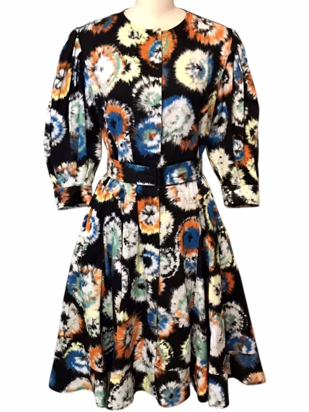Jason Wu Tie Dye Printed Fit-and-Flare Dress in Black with Multicolor Floral